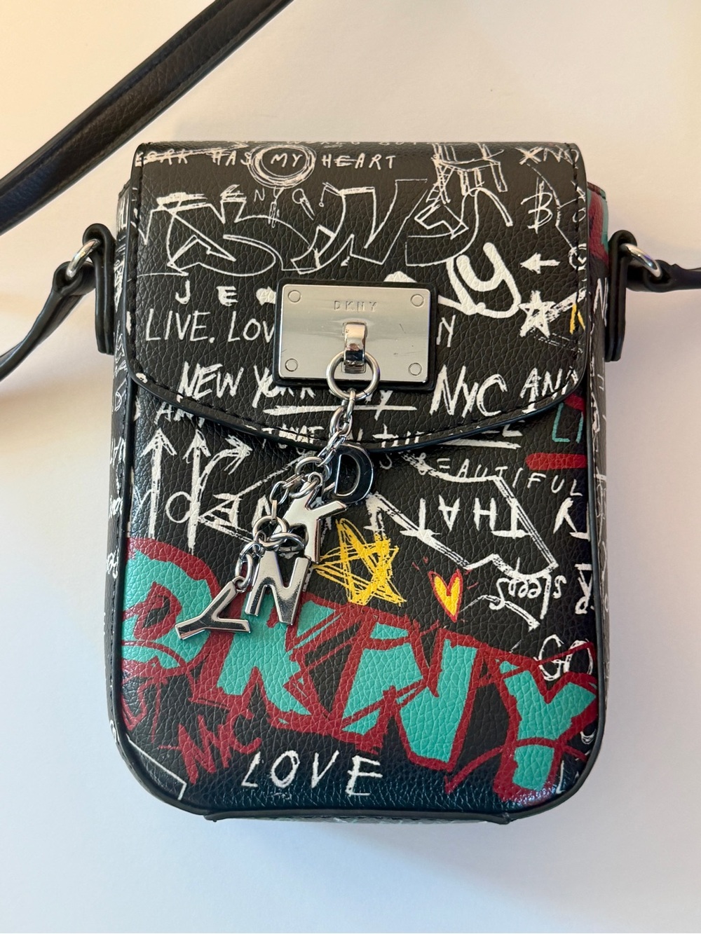 DKNY Cleo Graffiti North South Phone Crossbody Bag Black NYC